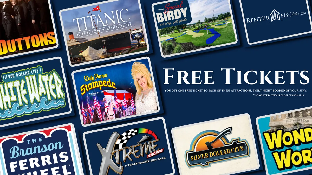 A colorful interior close-up featuring a collection of tickets and branded memorabilia from top Branson attractions like Silver Dollar City and the Titanic Museum. Bright hues and recognizable logos evoke the excitement of local outings and family-friendly entertainment.